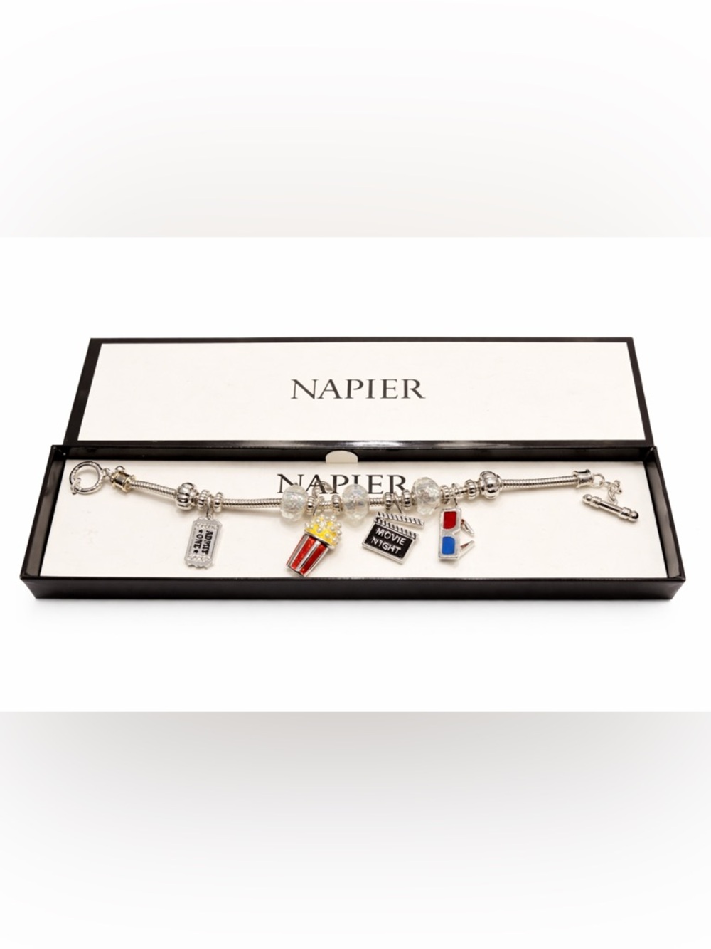 Napier Silver-Tone Movie Night Charm Bracelet with Red and Blue Accents